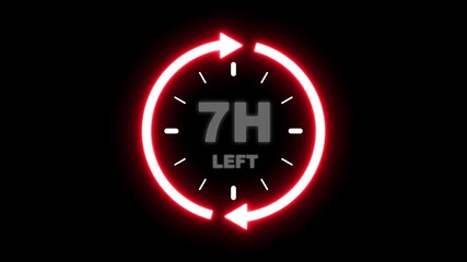24 hours clock with circle arrow and the numbers 7 Hour left. video animation on alpha channel background, Clock timer, time passage waiting time animation (4K). 7 Hour Countdown timer. Clock icon. 
