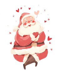 Cute Santa Claus Holding Hearts with Love – Watercolor Christmas Illustration