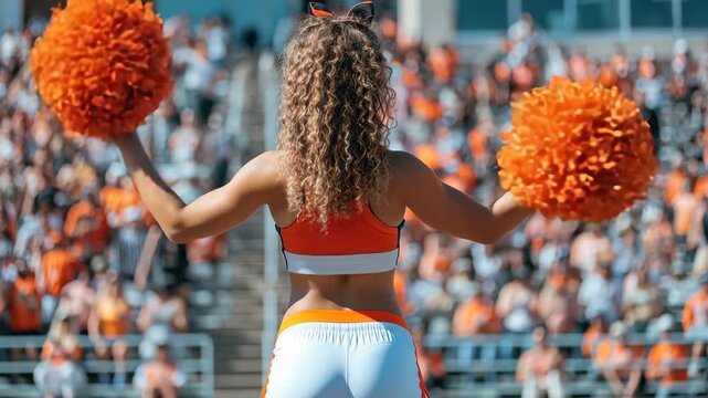 Cheerleader performs energetic dance with orange pom poms in a vibrant stadium audience during a sunny afternoon event