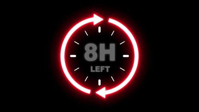 24 hours clock with circle arrow and the numbers 8 Hour left. video animation on alpha channel background, Clock timer, time passage waiting time animation (4K). 8 Hour Countdown timer. Clock icon. 