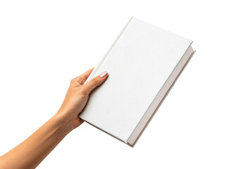 Hand holding a blank white hardcover book