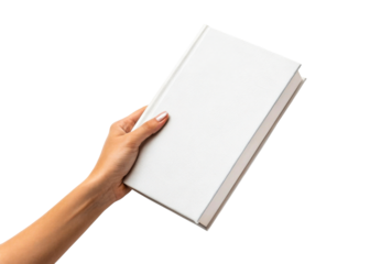 Hand holding a blank white hardcover book
