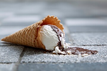A classic waffle ice cream cone lies overturned on a textured gray surface, its creamy white scoops melting under a generous drizzle of rich chocolate syrup. The dessert has spilled, creating a tempti