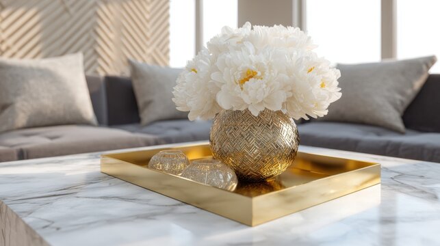 Modern living room with a gray sofa and a large window. in the center of the room, there is a gold vase with white flowers in it.