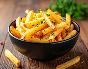 Golden french fries in black bowl