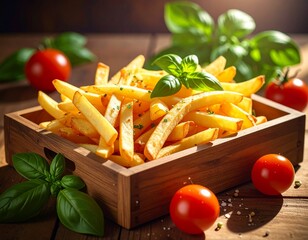 Golden french fries with basil garnish