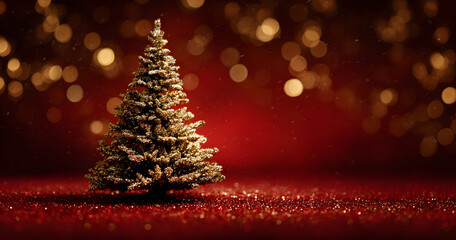 golden and silver lights with christmas tree on red background,bright decoration for merry xmas greeting message.Elegant holiday season social post digital card.Copy type space for text or logo