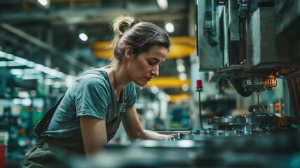 Confident female worker skillfully operating high tech machinery in a modern industrial setting during daytime hours