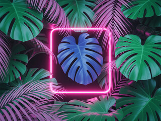 Monstera leaf with neon frame