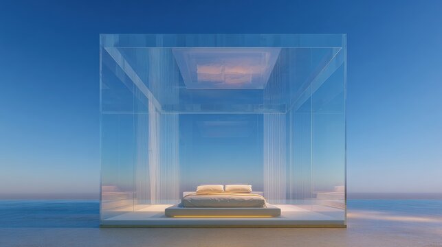 Fototapeta Modern and minimalist bedroom with a clear glass structure. the structure is rectangular in shape and has a sloping roof.