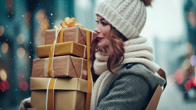 Smiling woman in winter clothes holding stack of wrapped gift boxes while walking through festive city street