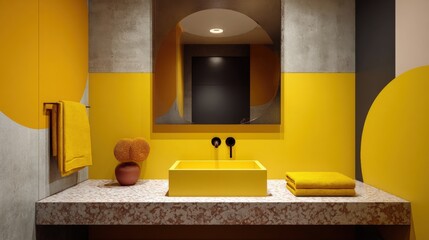 Modern bathroom with a minimalist design. the walls are painted in a bright yellow color, with a large circular mirror hanging above the sink.
