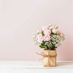 Pink roses bouquet on top of a wrapped present for celebration concepts