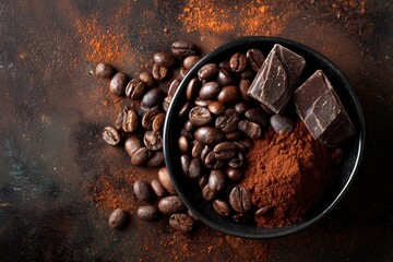 This close-up, top-down view showcases a rich and inviting composition of aromatic roasted coffee beans, finely ground coffee powder, and decadent dark chocolate chunks nestled in a sleek black bowl. 