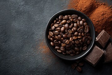 A visually rich overhead shot showcasing a classic pairing of indulgent flavors. Dark roasted coffee beans are artfully arranged in a sleek black ceramic bowl, contrasting beautifully with the deep, t