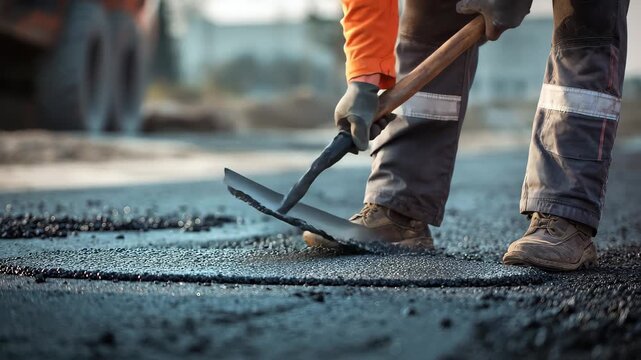 Skilled worker lays asphalt on a road construction site during daylight hours