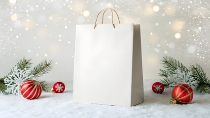 Blank white paper shopping bag mockup standing on snowy surface with festive Christmas ornaments and pine branches, ideal for holiday gift packaging design concept for seasonal celebrations