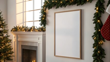 Festive Christmas living room with a blank frame mockup, adorned with garlands, lights, and a warm fireplace, ideal for seasonal designs