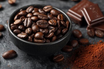 A rich and inviting close-up shot of dark roasted coffee beans overflowing from a textured black bowl, complemented by scattered beans, a pile of aromatic ground coffee, and blurred chocolate pieces o