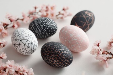 An elegant composition of modern, beautifully decorated eggs featuring intricate geometric patterns in black, white, and delicate pink hues. These artistic eggs are nestled among soft spring blossoms,