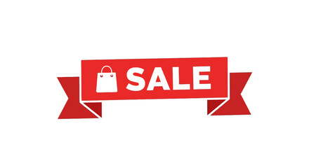 Red sale banner with shopping bag icon on white background.