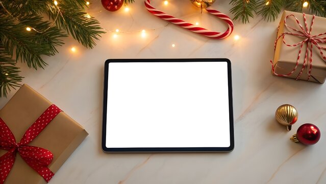 Festive Christmas flat lay scene with a digital tablet mockup, blank white screen for copy space, surrounded by gift boxes and holiday decorations - Powered by Adobe