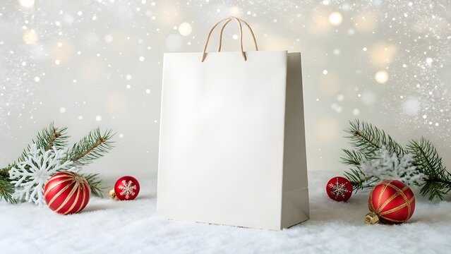 Blank white paper shopping bag mockup standing on snowy surface with festive Christmas ornaments and pine branches, ideal for holiday gift packaging design concept for seasonal celebrations