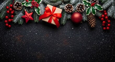 Festive christmas garland with gift box ornaments pine cones and berries on a dark background with snow