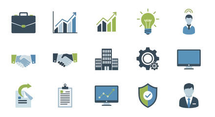 A collection of business-related icons including a briefcase, graphs, a lightbulb, people, handshakes, a building, gears, a computer monitor, a document, and a shield.