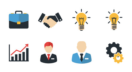 Collection of flat design business and office icons representing various concepts.