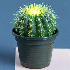 Artificial cactus succulent in a dark green pot with yellow spines and a faux flower