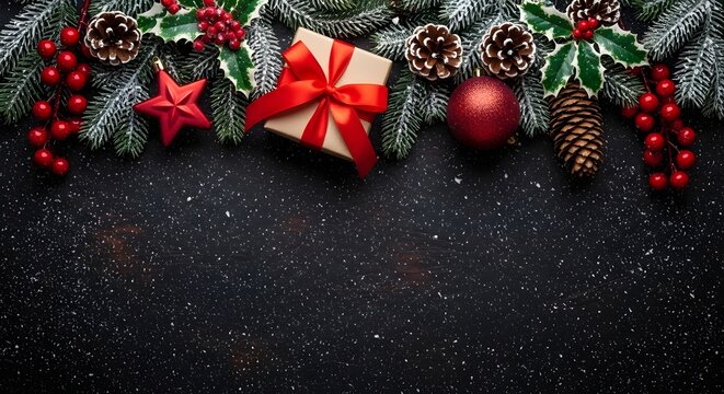 Festive christmas garland with gift box ornaments pine cones and berries on a dark background with snow