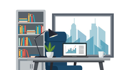 Modern office workspace with a desk, chair, bookshelf, and a laptop displaying a financial chart, overlooking a city skyline.