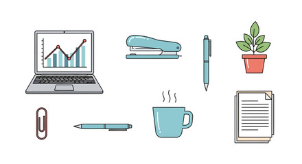 An illustration showcasing various office supplies and items commonly found in a workspace.