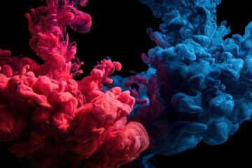 A mesmerizing abstract display of vibrant red and deep blue liquid streams swirling dynamically against a rich black background. The colorful fluids appear to collide and intermingle, creating an ethe