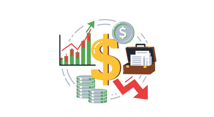 Financial growth and decline illustration with dollar sign, chart, and briefcase.