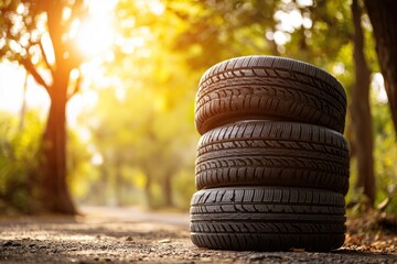 A pristine stack of three dark vehicle tires stands prominently on a rustic, sun-dappled gravel path. The rich, intricate tread patterns of the rubber are sharply in focus, contrasting with the beauti