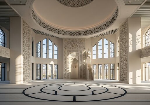 Interior of a grand mosque with intricate islamic architecture and design