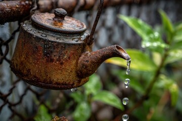 A close-up view captures an antique, weathered metal kettle, heavily textured with vibrant rust and glistening with fresh water droplets. The clear liquid gracefully drips from the spout, creating del