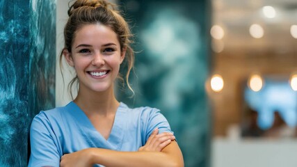 Proud dental hygienist student smiling in college setting during practical training day, showcasing enthusiasm for dental care and education