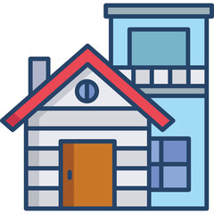 Modern House Icon with Red Roof and Blue Accents Featuring a Chimney and Two Stories on a Transparent Background Vector Graphic