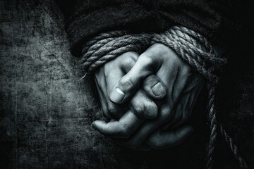 A powerful, desaturated close-up focuses on human hands tightly bound by rugged rope, conveying profound themes of constraint, struggle, and limitation. The gritty, textured background amplifies the r