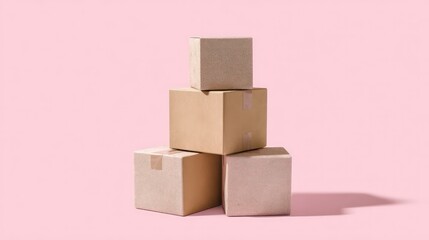 Obraz premium Minimalist cardboard boxes arranged in a pyramid shape on a pink background represent a modern shopping concept and evoke the convenience of online shopping.