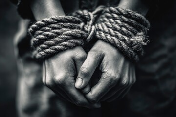 A powerful black and white close-up captures a person's hands tightly bound with a robust, textured rope against a deeply blurred, somber background. The intense monochrome aesthetic emphasizes the gr