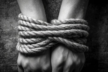 A powerful black and white close-up of human forearms tightly bound by thick rope. It embodies restriction, struggle, and confinement, ideal for conceptual themes on challenges or feeling trapped.