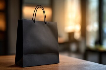 A sleek, minimalist black shopping bag stands prominently on a warm wooden surface, hinting at a recent purchase or an anticipated gift. The plain, matte finish of the bag offers ample blank space, pe