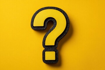 A striking, vibrant yellow question mark symbol, meticulously crafted with a distinctive black, granular textured outline, stands boldly against a complementary bright yellow background. The three-dim