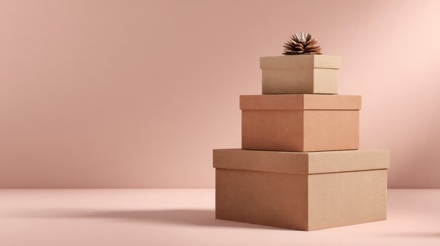 Minimalist cardboard boxes arranged in a pyramid shape on a pink background represent a modern shopping concept and evoke the convenience of online shopping.