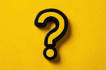 A visually striking three-dimensional question mark symbol, rendered in a bold yellow fill with a contrasting textured black outline, stands against a vibrant, bright yellow background with a subtle g