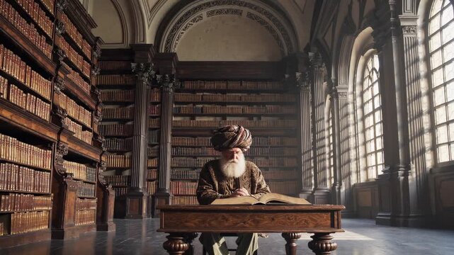scholar at desk reads aged book. writer wearing turban studies archive inside library. man records history with pen. researcher pores over manuscript by window. leatherbound tome rests near inkpot.